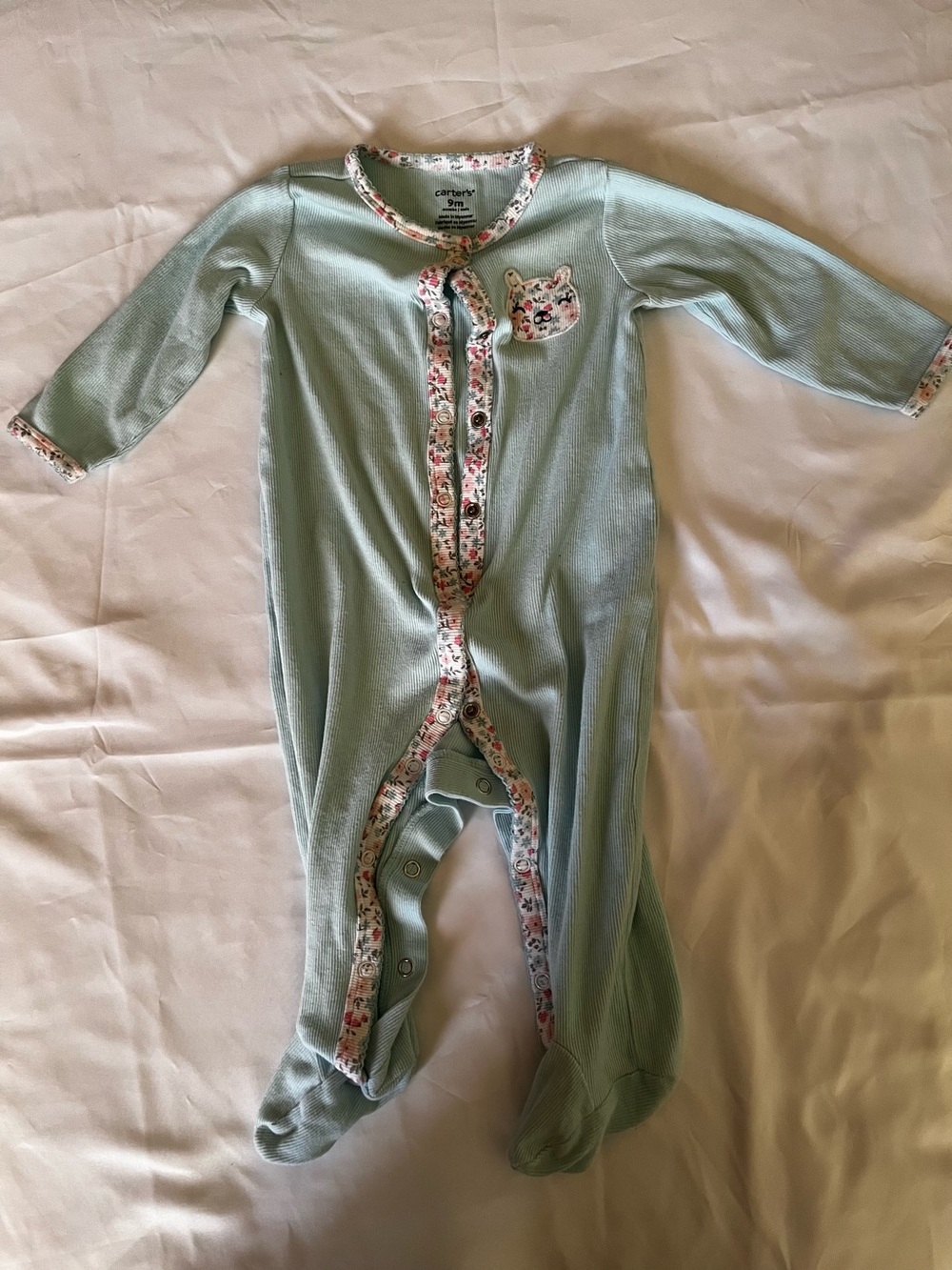 Carter's Mint Green Footed One-Piece with Floral Trim and Animal Patch